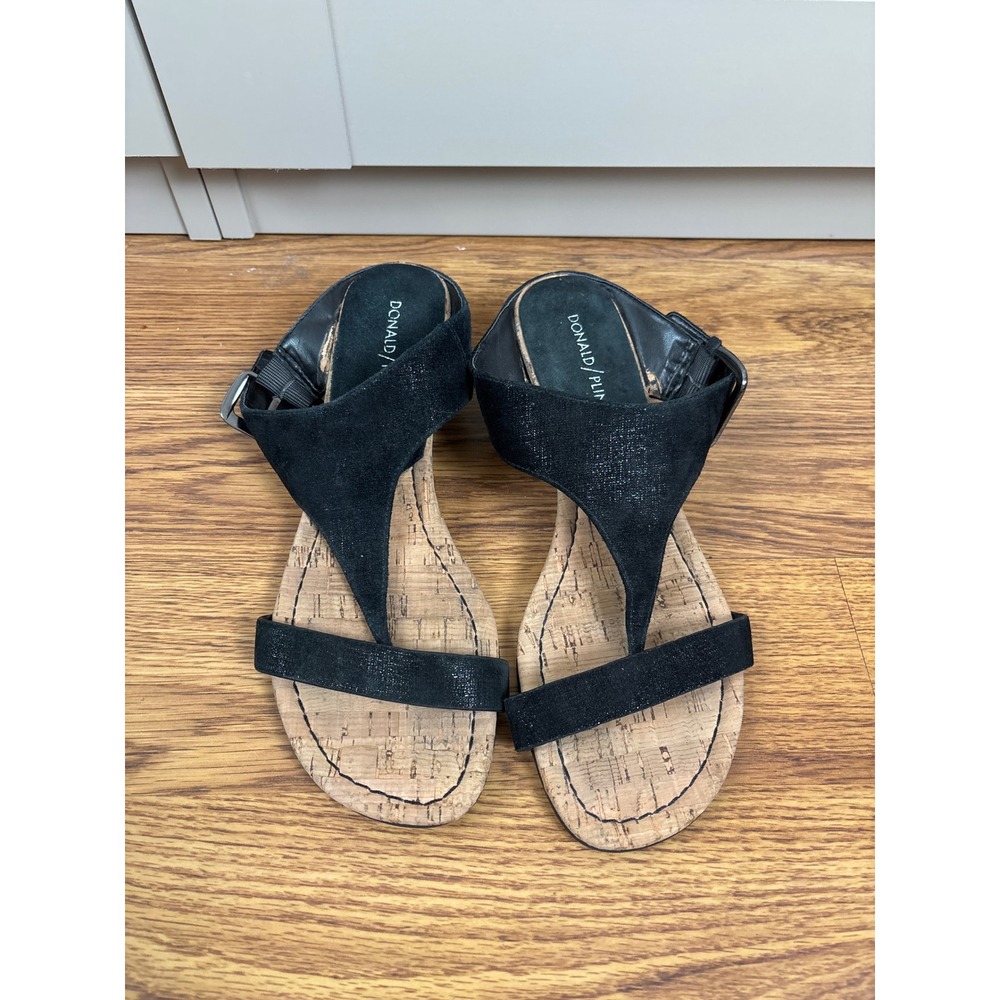 Donald Pliner Black Suede Cork Wedge Sandals Metallic T-Strap Buckle Shoes